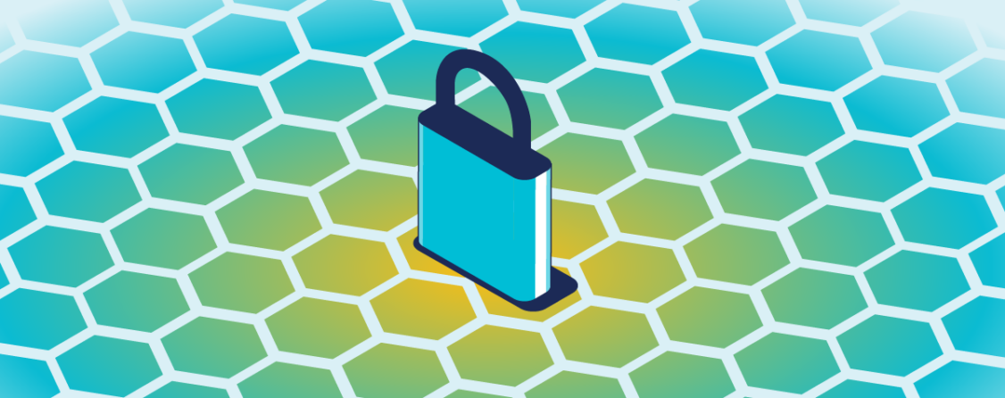 A stylized lock on a gradient honeycomb background