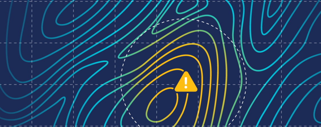 A stylized topographical map with a warning sign at the peak.