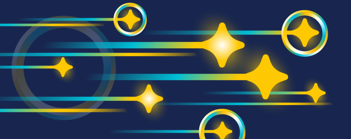 Stylized stars appear to be moving across the image from left to right.