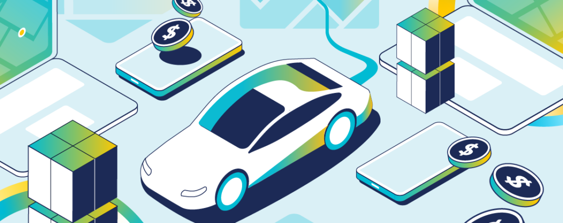 Stylized image of a phone, coins, and an electric car charging.