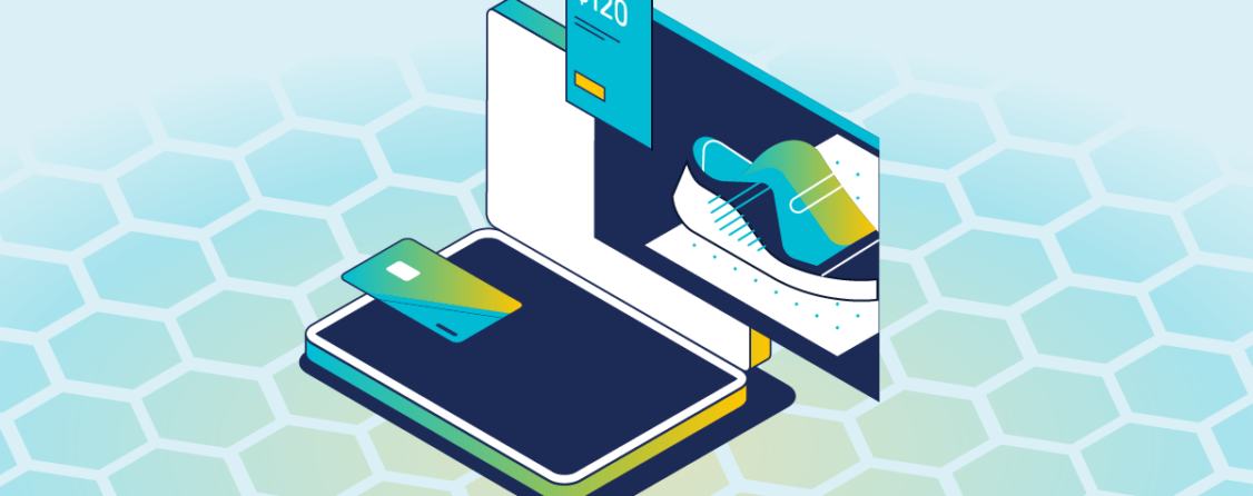 A stylized picture of a laptop with a sneaker on it and a credit card implying a purchase.