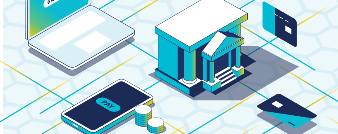 An open banking stylized graphic depicting a laptop, a phone, a building, and 2 credit cards.